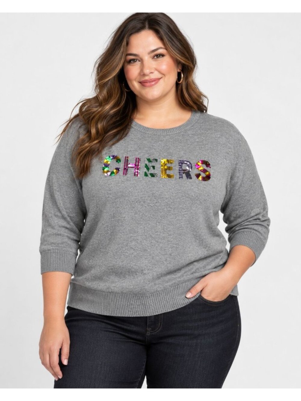 Torrid 3X Holiday CHEERS Sweater Sequin Graphic Gray Cotton Festive Pullover